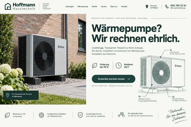 Entwurf einer Startseite für einen Heizungsbetrieb
